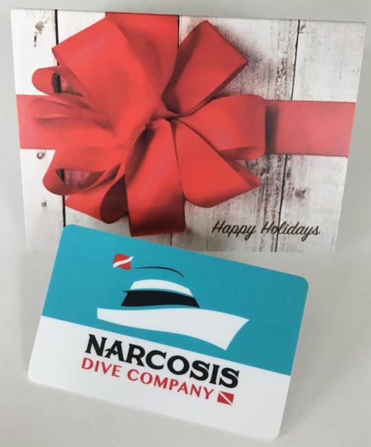 Narcosis Dive Company Gift Card with a Happy Holidays card